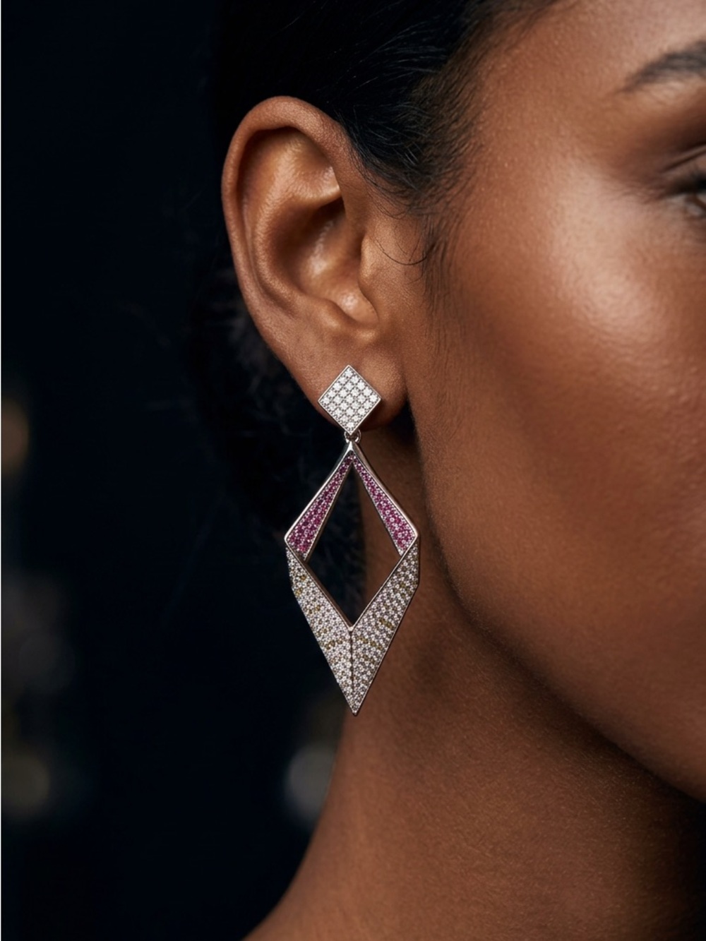 Geometric 18k gold plated Pink and Silver Zirconia stones Pavé Drop Earrings